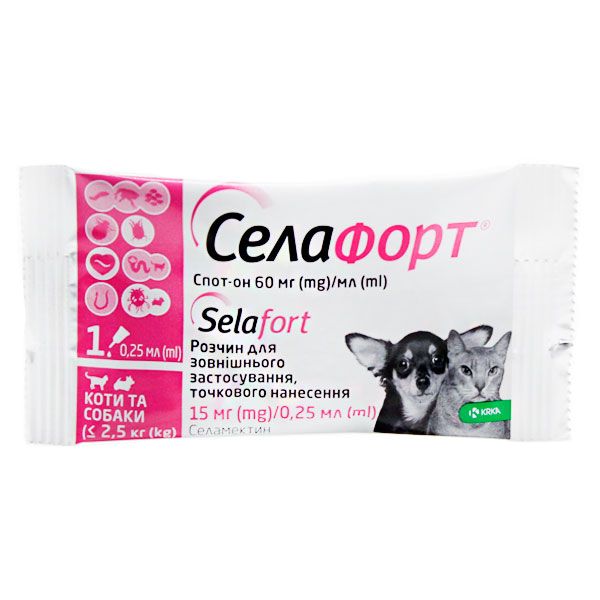 Селафорт краплі від бліх, кліщів і гельмінтів для котів 45мг0,75 мл (2,6-7,5 кг) до 2,5 кг