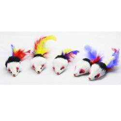 Миша іграшка для кішок натуральна з брязкальцем і пером 5 см 5шт SH03  NT685 Чорно-біла