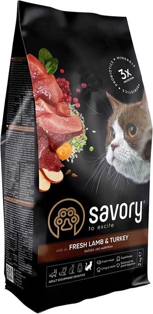 Savory Adult Cat Sensitive з ягнятком та індичкою сухий корм для кішок з чутливим травленням 2 кг 