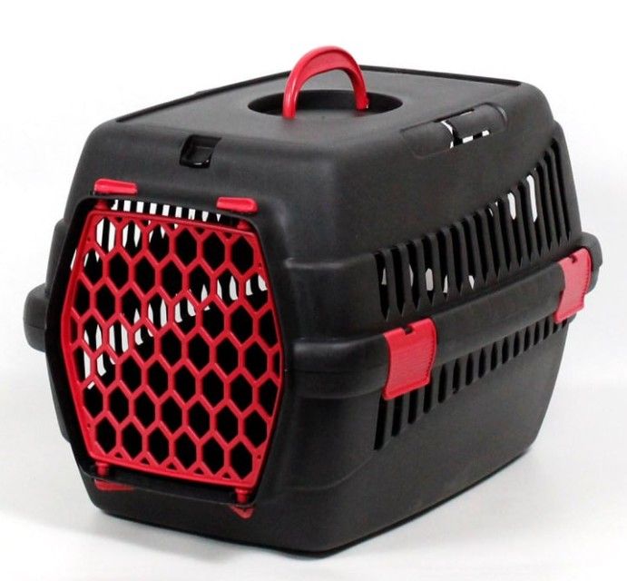 Переноска для тварин чорна пластик червоні двері 55х39х36 см до 8 кг