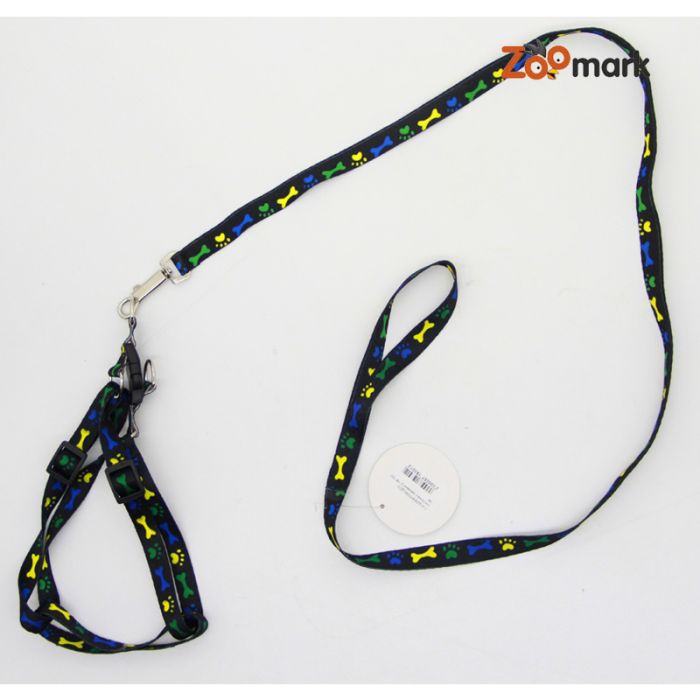 Шлея і повідець комплект 1,5  12-18105см стрічка з малюнком кісточки і лапки 