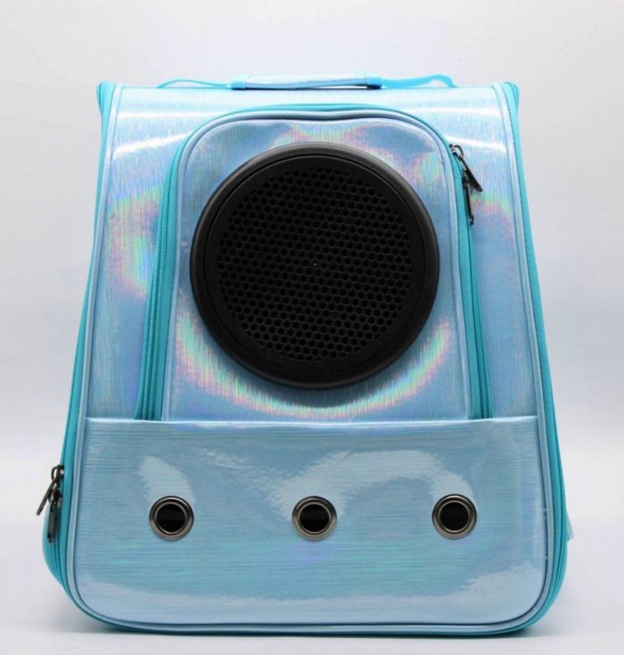 Рюкзак з ілюмінатором шкіряний блакитний неон сильвер 42х32х29 см 