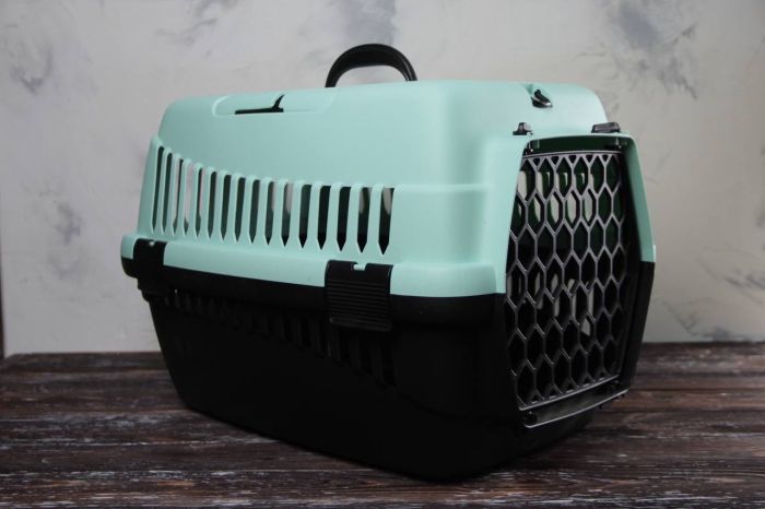 Переноска для тварин мятно-чорна пластик 55х39х36 см до 8 кг