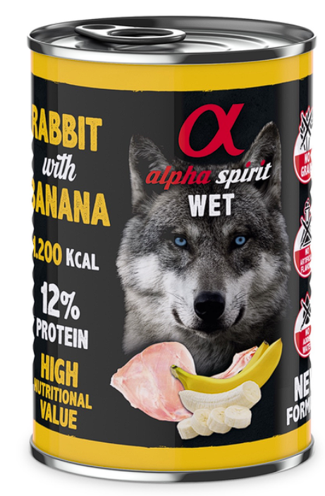 Вологий корм Alpha Spirit Rabbit with Banana Complete для дорослих собак, з кроликом та бананом, 400 г AS Rabbit with bananaКонсерва дсобак АС Реббіт виз Банана Едалт Дог 400г 969978
