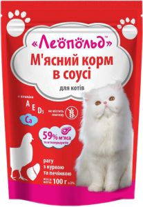 Леопольд Рагу в соусі курка печінка консерви для котів 100 г Консерви для котів 100гр Леопольд Рагу в соусі курка печінка 491723