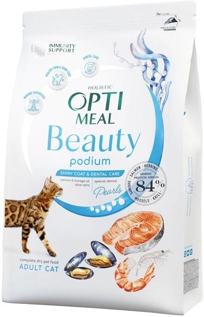Акція-30 Optimeal Beauty Podium з морепродуктами сухий корм для котів догляд за вовною та зубами 1.5 кг 