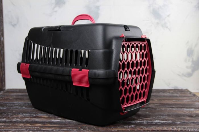 Переноска для тварин чорна пластик червоні двері 55х39х36 см до 8 кг