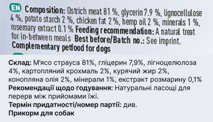 Натуральні ласощі з мʼяса Страуса Chewies Lucky Bits для дорослих собак 100 г