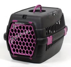 Переноска для тварин чорна пластик фіолетові двері 55х39х36 см до 8 кг