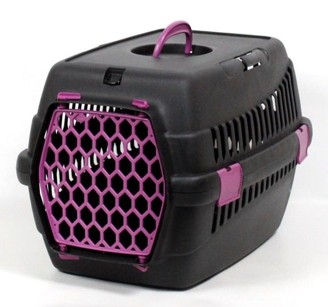 Переноска для тварин чорна пластик фіолетові двері 55х39х36 см до 8 кг