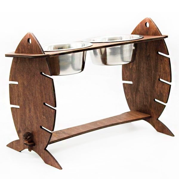 Кормушка для котів Cat Joy Скелет риби з регулюванням висоти Дуб на 2 миски 