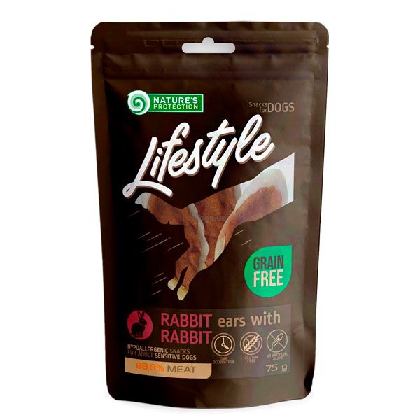Беззернові ласощі для собак Natures Protection Lifestyle rabbit ears with duck кролячі вуха з качкою, 75 г 