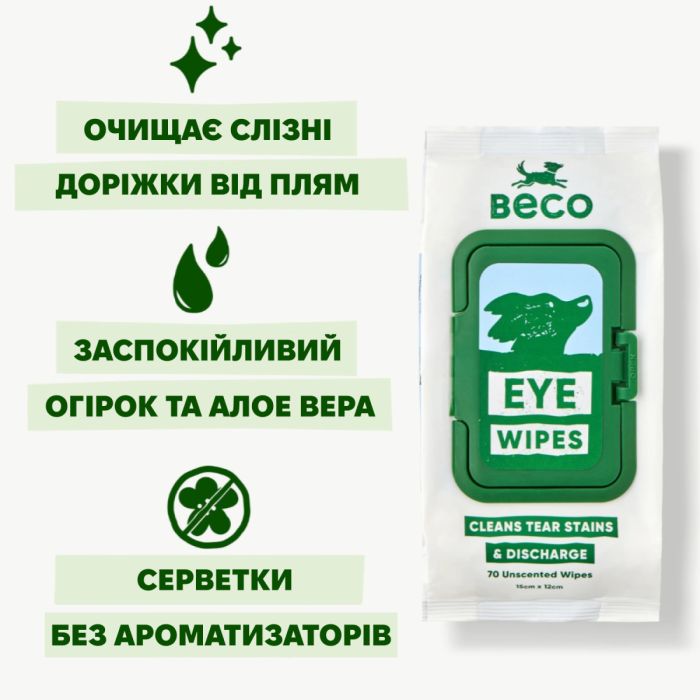 Бамбукові серветки для очищення слізних доріжок собак Beco Pets Dog Eye Wipes 70 шт.