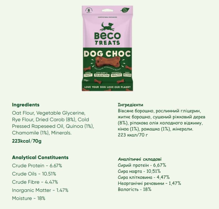 Печиво для собак Beco Pets Шоколад з керобом, ромашкою та кіноа 70 г (рослинний білок)