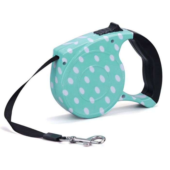 Рулетка для собак горох 5м15кг гумова ручка стрічка з фіксатором Бірюза