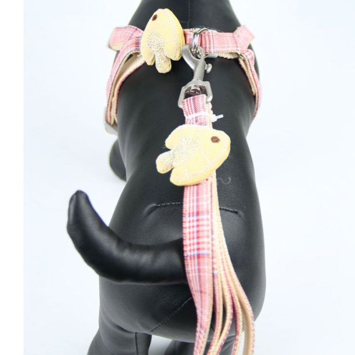 Шлея з повідцем рибка 1,5 х120 см клітинка Бежевий