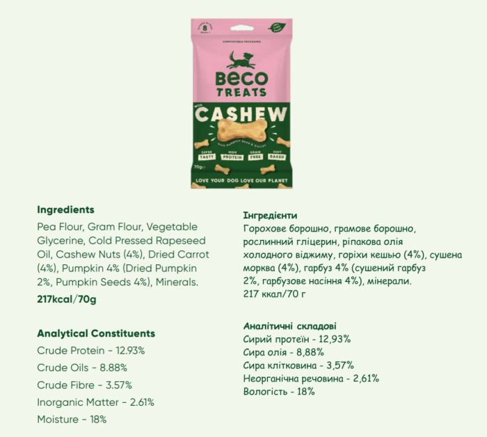 Печиво для собак Beco Pets Кеш'ю з гарбузовим насінням і морквою 70 г (рослинний білок)