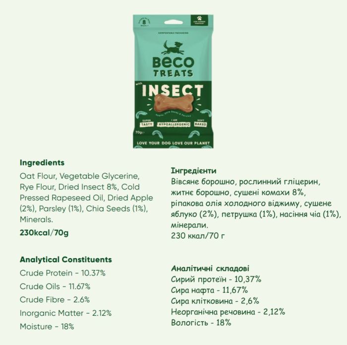 Гіпоалергенне печиво для собак Beco Pets Комаха з яблуком і насінням чіа 70 г
