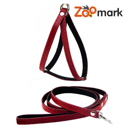 Набір шлейка човник з шкіряним повідцем строчений з підкладом Червоний
