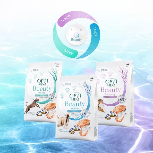 АКЦІЯ-25 Optimeal Beauty Fitness Без зернової повно раціонний сухий корм для дорослих собак на основі морепродуктів 1.5 кг 