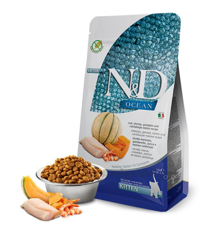 Сухий корм Farmina ND Grain Free Ocean Cod, Shrimp, Pumpkin  Cantaloupe Melon Kitten для кошенят, з тріскою, креветками, гарбузом та динею, 1,5 кг   Фарміна кет сух ND Grain Free Ocean COD, SHRIMP,PUMPKINCANTALOUPEMELON KITTEN 1,5кг 38852