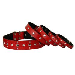 Нашийник для собак Шкіряний з алмазами, червоний 26-38 см