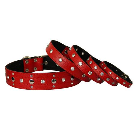 Нашийник для собак Шкіряний з алмазами, червоний 26-38 см