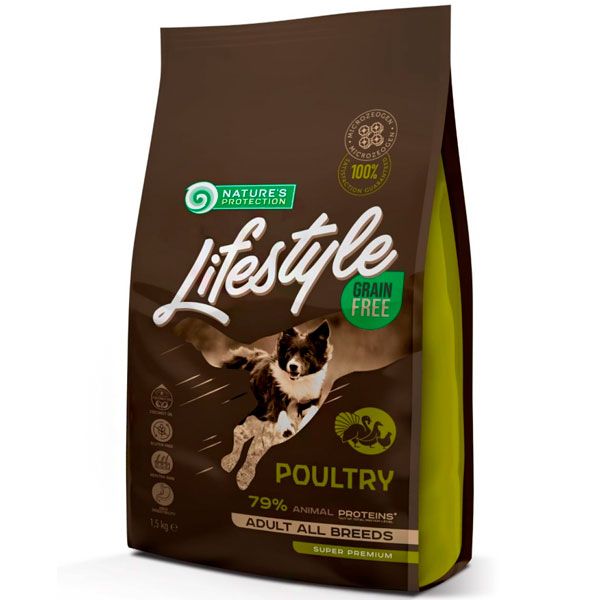 Беззерновий сухий корм для собак Natures Protection Lifestyle Grain Free Poultry Adult All Breeds з мясом свійської птиці, 1,5 кг 
