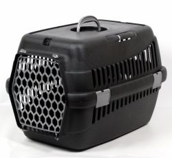 Переноска для тварин чорна пластик сірі двері 55х39х36 см до 8 кг