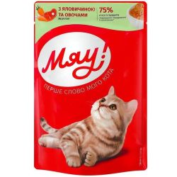 Вологий корм Мяу для дорослих кішок зі смаком желе телятини та овочів 85 гр. 