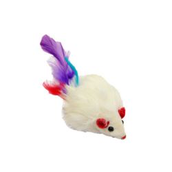 Іграшка для кішок миша 9см натуральна біла з дзвіночком і пером набір 5 шт SH02 