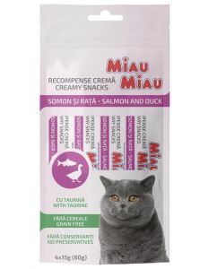 Ласощі для котів Крем-снек MIAU MIAU, 4 шт по 15 г лосось з качкою