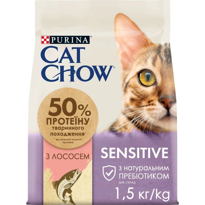 АКЦІЯ Cat Chow Sensitive сухий корм з лососем для котів з чутливим травленням та шкірою 1,5 кг 