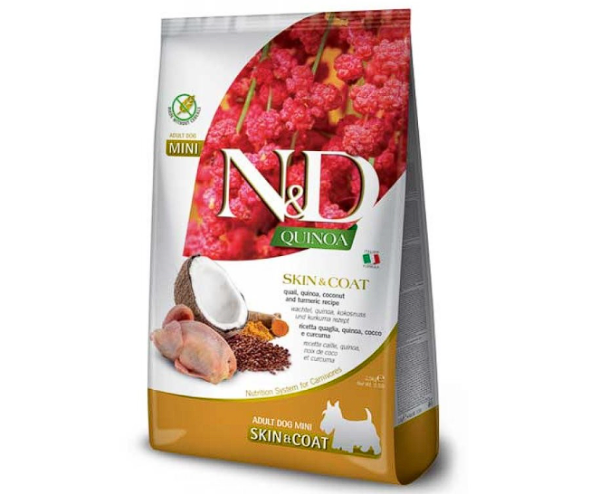 Сухий корм Farmina ND Quinoa Skin  Coat Adult Mini для собак малих порід при харчовій алергії, з перепелом, кокосом та куркумою, 2 кг   Фарміна дог сух ND Quinoa SkinCoat ADULT MINI дієт.харч,при харч алерг з переп кок.курк 2,5к0084