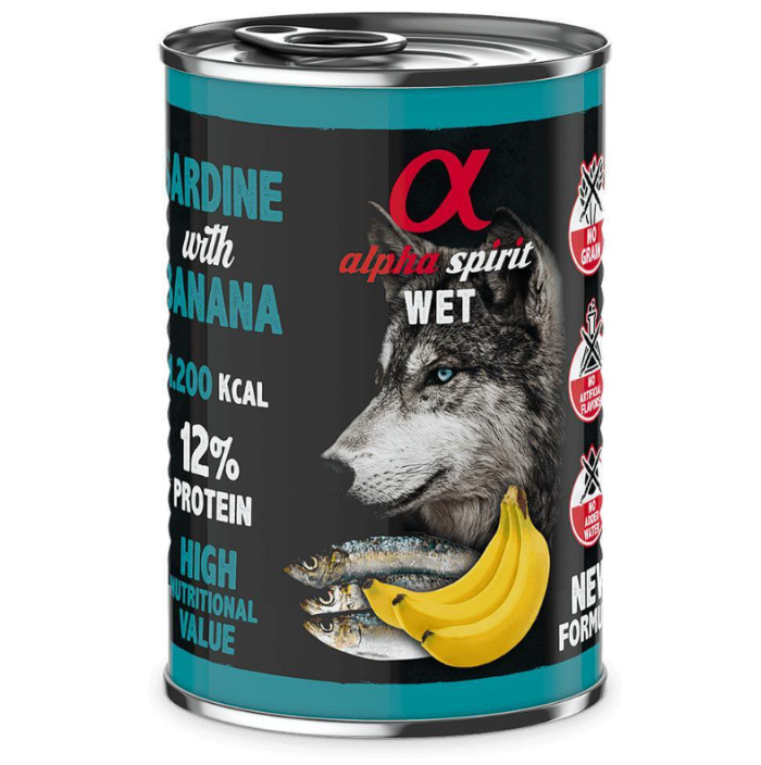 Вологий корм Alpha Spirit Sardine with Banana Complete для дорослих собак, з сардиною та бананом, 400 г AS Sardine with bananaКонсерва дсобак АС Сардина виз Банана Едалт Дог 400г 6307