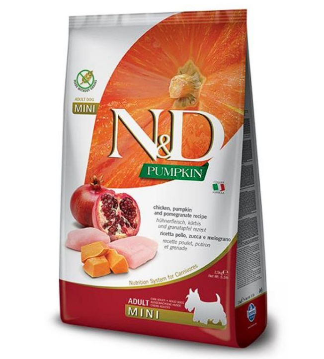 Сухий корм Farmina ND Grain Free Pumpkin Chicken  Pomegranate Adult Mini для дорослих собак малих порід, з куркою та гранатом, 2,5 кг   Фарміна дог сух ND Grain Free PUMPKIN CHICKEN  POMEGRANATE ADULT MINI 2,5 kg 33253