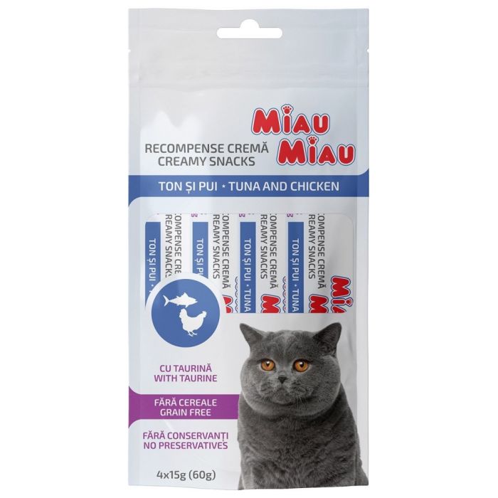 Ласощі для котів Крем-снек MIAU MIAU, 4 шт по 15 г тунець з куркою