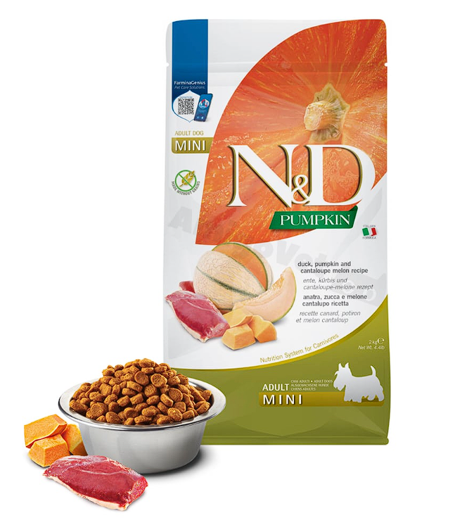 Сухий корм Farmina ND Grain Free Pumpkin Duck  Cantaloupe Adult Mini для дорослих собак малих порід, з качкою та динею, 2 кг   Фарміна дог сух ND Grain Free PUMPKIN DUCK  CANTALOUPE ADULT MINI з качкою та динею 2 kg 38937