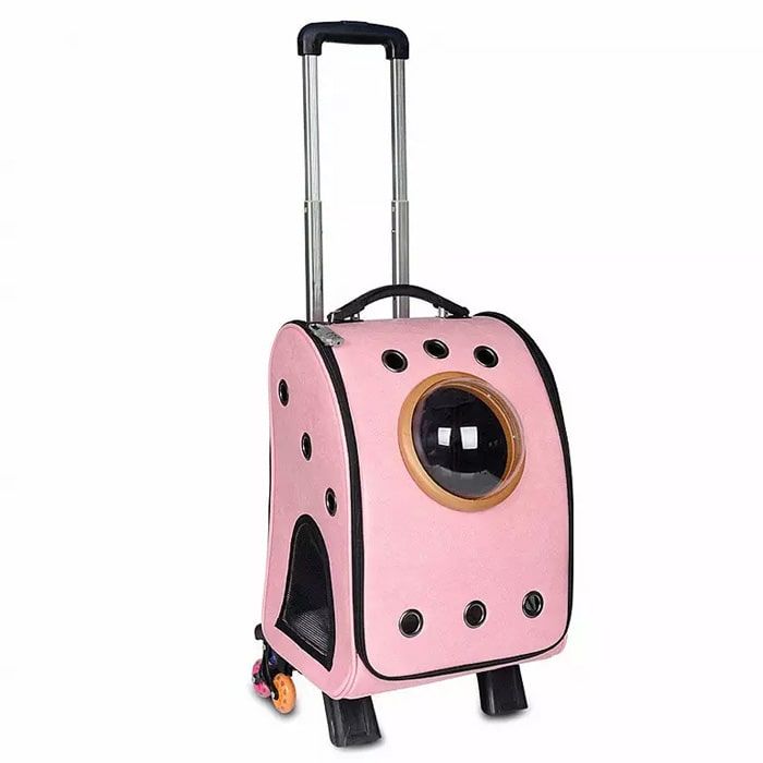 Рюкзак-переноска на колесах з ілюмінатором для перенесення тварин, шкіра, 33х44х27см Трояндовий