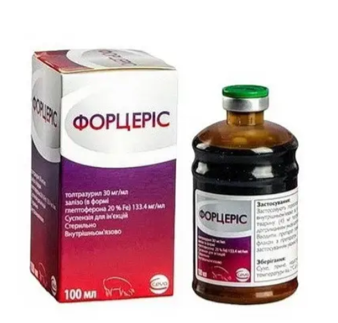 Інєкційний розчин Форцеріс 100мл (Ceva)  для свиней  комбінований препарат (залізо + толтразурил) для профілактики анемії та кокцидіозу.