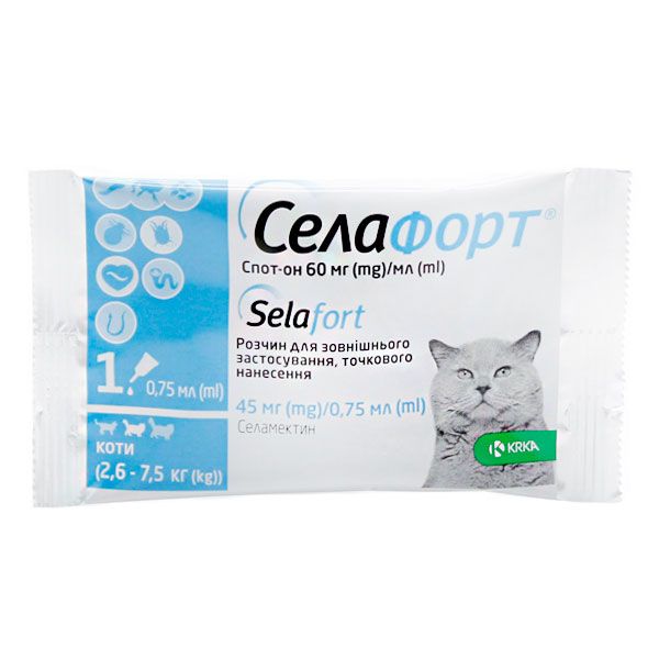 Селафорт краплі від бліх, кліщів і гельмінтів для котів 45мг0,75 мл (2,6-7,5 кг) 2,6-7,5 кг 